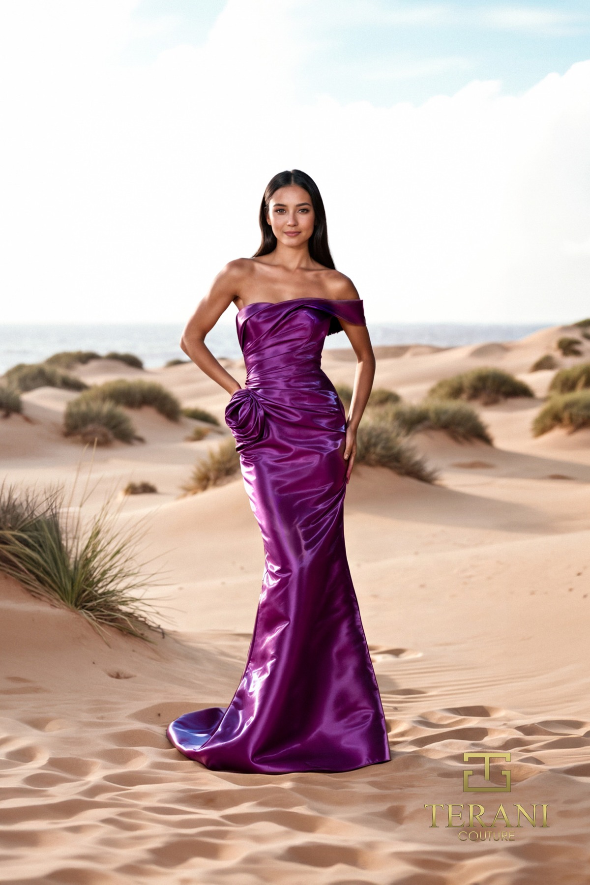 evening dress catalogue Cult Moda Elegant Chiffon Evening Dress Gown with Floral Brooch FR 42