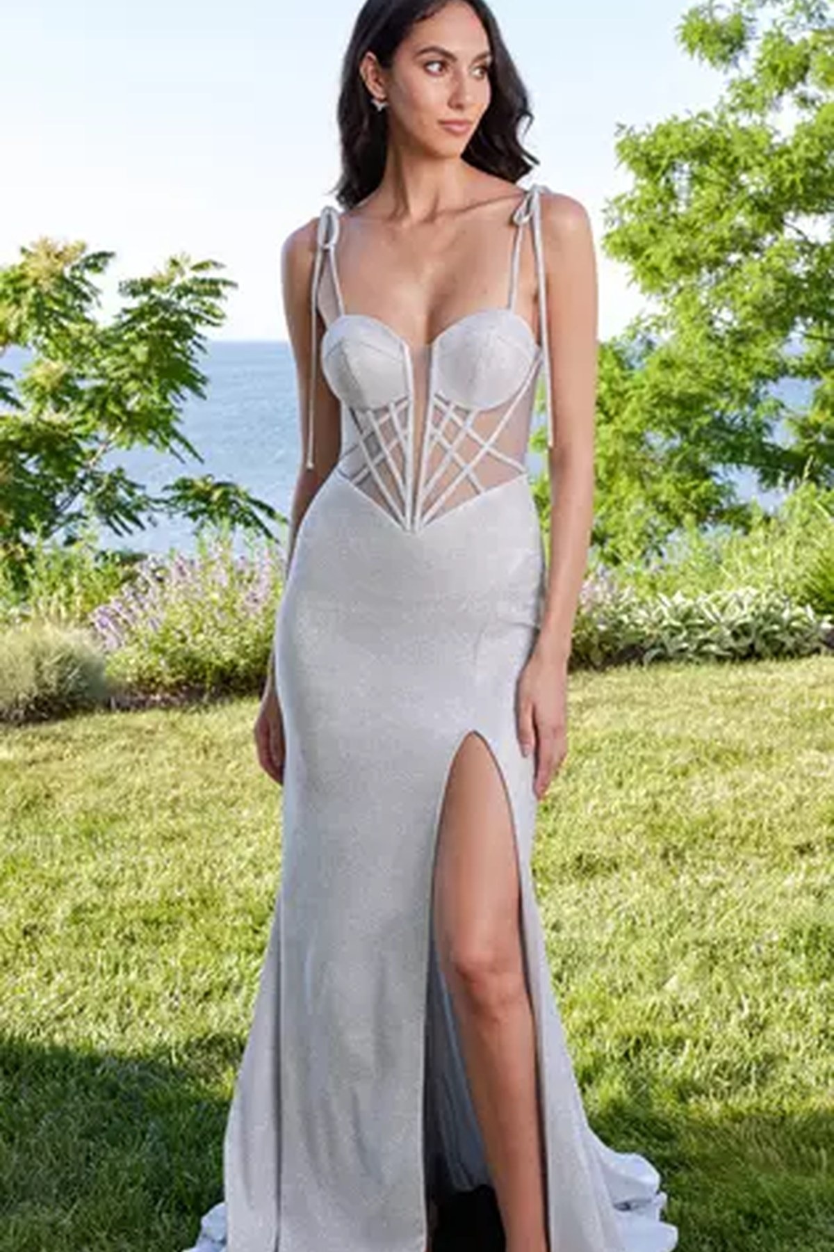 strapless open back dress V-Neck Floral Sequin Prom Dress With Flowy Tulle Skirt main image 0